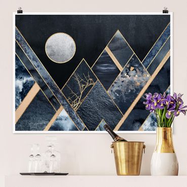 Plakat - Złoty księżyc abstrakcyjne czarne góry