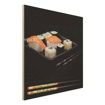 Obraz z drewna - Talerz do sushi z pałeczkami Czarny