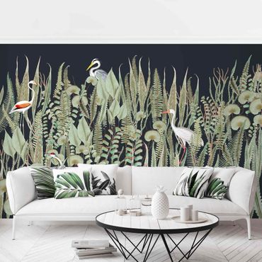 Fototapeta - Flamingo i bocian z roślinami na zielonym tle