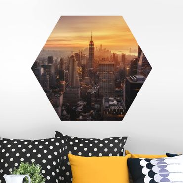 Obraz heksagonalny z Alu-Dibond - Manhattan Skyline Wieczorny nastrój