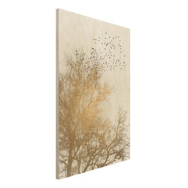 Obraz z drewna - Stado ptaków na tle złotego drzewa