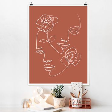 Plakat - Line Art Twarze kobiet Róże Miedź