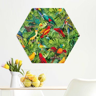 Obraz heksagonalny z Forex - Kolorowy kolaż - Papugi w dżungli
