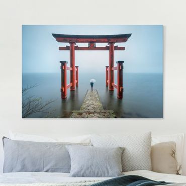 Obraz na płótnie - Czerwone torii nad jeziorem Ashi