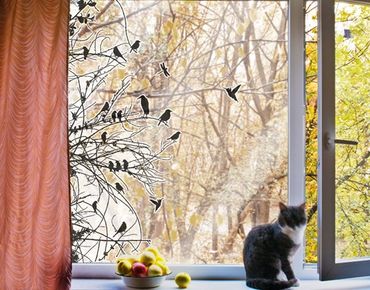 Naklejka na okno - Gałęzie i ptaki na wiosnę