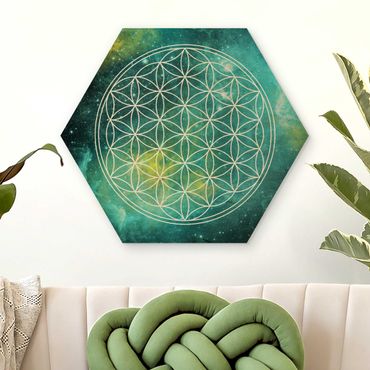 Obraz heksagonalny z drewna - Kwiat życia w świetle gwiazd