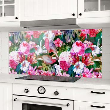 Panel szklany do kuchni - Colourful Tropical Flowers With Birds Pink