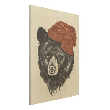 Obraz z drewna - Ilustracja Niedźwiedź z czerwoną czapką Rysunek