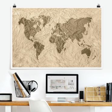 Plakat - Papierowa mapa świata beżowo-brązowa