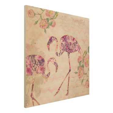 Obraz z drewna - Kolaż w stylu vintage - różowe kwiaty, flamingi