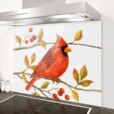 Panel szklany do kuchni - Ptaki i jagody - Czerwony kardynał