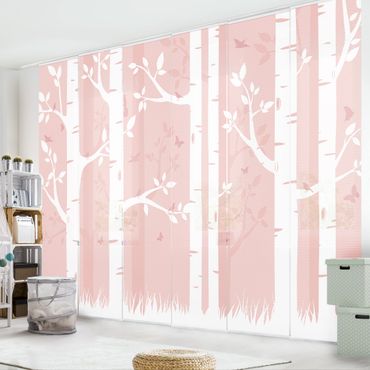 Zasłony panelowe zestaw - Różowy las brzozowy z motylami i ptakami