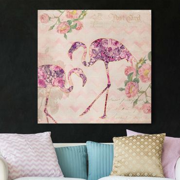 Obraz na płótnie - Kolaż w stylu vintage - różowe kwiaty, flamingi