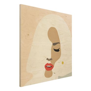 Obraz z drewna - Line Art Portret kobiety pastelowy beżowy