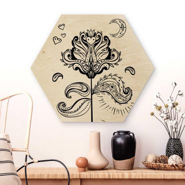 Obraz heksagonalny z drewna - Lotus z księżycem i sercami