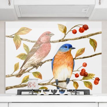Panel szklany do kuchni - Ptaki i jagody - Ptaki niebieskie