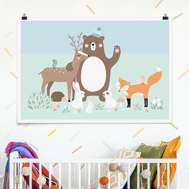 Plakat - Leśni przyjaciele z leśnymi zwierzętami niebieski