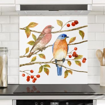 Panel szklany do kuchni - Ptaki i jagody - Ptaki niebieskie