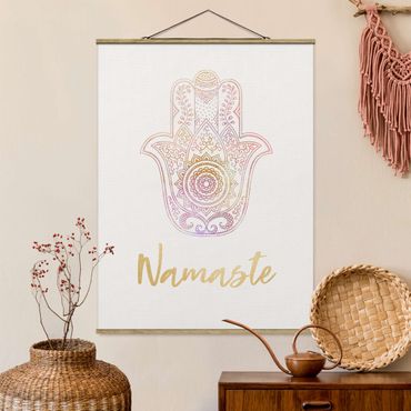 Plakat z wieszakiem - Hamsa Ilustracja ręczna Namaste złoty różowy