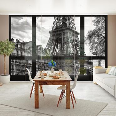 Zasłony panelowe zestaw - Widok z okna na Paryż - w pobliżu wieży Eiffla czarno-białe