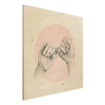 Obraz z drewna - Ilustracja dłoni Przyjaźń Koło Różowy Biały