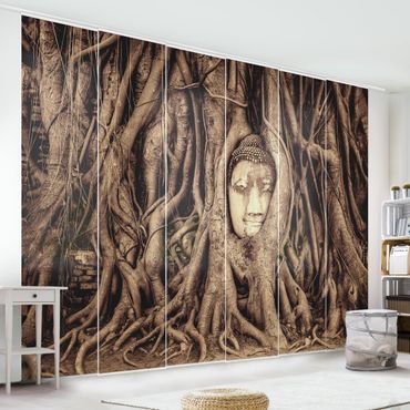 Zasłony panelowe zestaw - Budda w Ayutthaya otoczony korzeniami drzew w kolorze brązowym