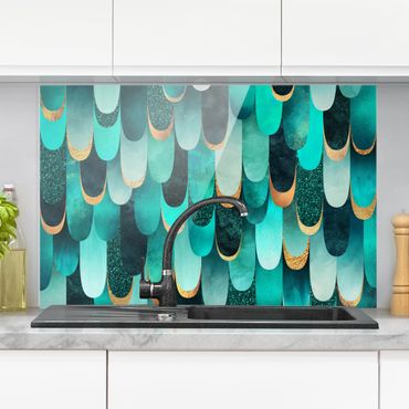 Panel szklany do kuchni - Feathers Złoto Turquoise