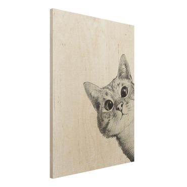 Obraz z drewna - Ilustracja kota Rysunek czarno-biały