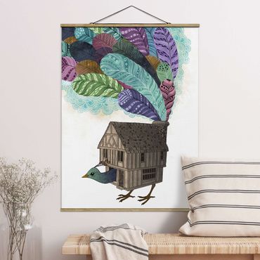 Plakat z wieszakiem - Ilustracja domku dla ptaków z piórami