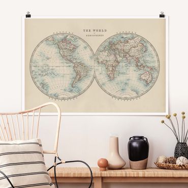 Plakat - Mapa świata w stylu vintage Dwie półkule