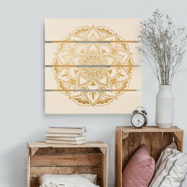 Obraz z drewna - Mandala flower Złoto biały
