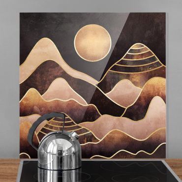 Panel szklany do kuchni - Złote słońce abstrakcyjne góry