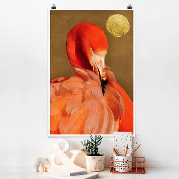 Plakat - Złoty księżyc z flamingiem