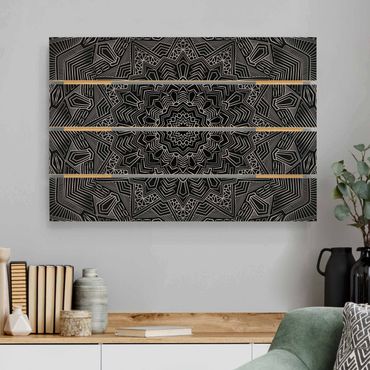 Obraz z drewna - Mandala wzór w gwiazdy srebrno-czarny