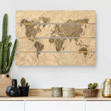 Obraz z drewna - Papierowa mapa świata beżowo-brązowa