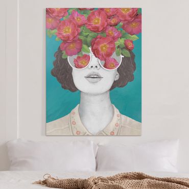 Obraz na płótnie - Ilustracja portret kobiety Kolaż z kwiatami Okulary