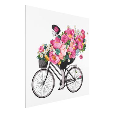 Obraz Forex - Ilustracja Kobieta na rowerze Kolaż kolorowych kwiatów