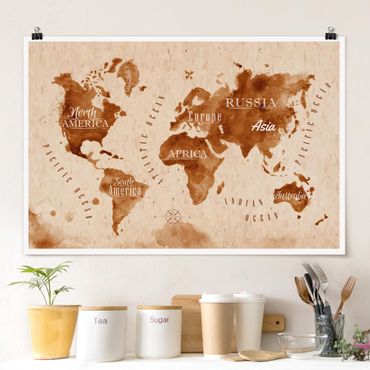Plakat - Mapa świata akwarela beżowo-brązowa