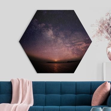 Obraz heksagonalny z Alu-Dibond - Słońce i rozgwieżdżone niebo nad morzem