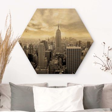 Obraz heksagonalny z drewna - Świt na Manhattanie