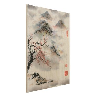 Obraz z drewna - Japońska akwarela Drzewo wiśniowe i góry