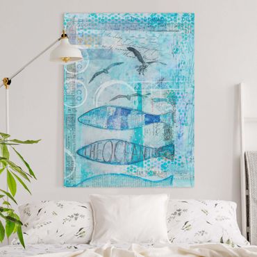 Obraz na płótnie - Kolorowy kolaż - Niebieskie rybki