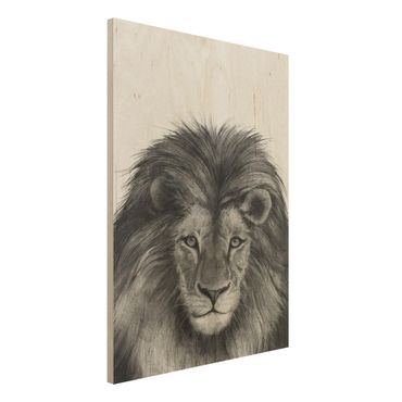 Obraz z drewna - Ilustracja Lew, czarny, biały, malarstwo