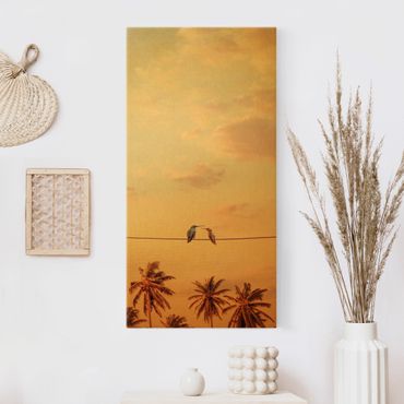 Złoty obraz na płótnie - Zachód słońca z kolibrami
