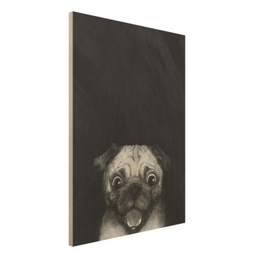 Obraz z drewna - Ilustracja pies Pug malarstwo na czarno-biały