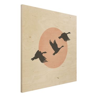 Obraz z drewna - Ptaki na tle różowego słońca III
