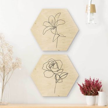 Obraz heksagonalny z drewna 2-częściowy - Kwiaty czarno-biały zestaw artystyczny