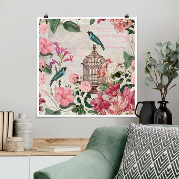 Plakat - Kolaż w stylu shabby chic - różowe kwiaty i niebieskie ptaki