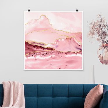 Plakat - Abstrakcyjne góry w kolorze różowym ze złotymi liniami