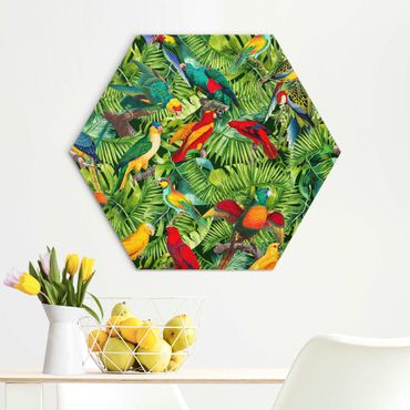 Obraz heksagonalny z Alu-Dibond - Kolorowy kolaż - Papugi w dżungli